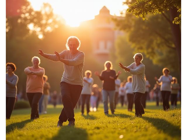 Grupo de adultos mayores practicando Tai Chi en un parque iluminado por el sol de Barcelona, con arquitectura distintiva de fondo.