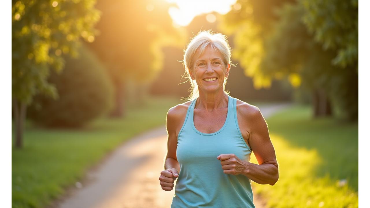 Mujer adulta sonriendo mientras practica ejercicio de bajo impacto al aire libre, con una silueta atlética pero apropiada para la edad, reflejando vitalidad y bienestar.