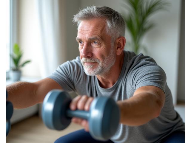 Hombre adulto realizando sentadillas asistidas con una banda de resistencia, mostrando una rutina de fortalecimiento muscular adaptada.