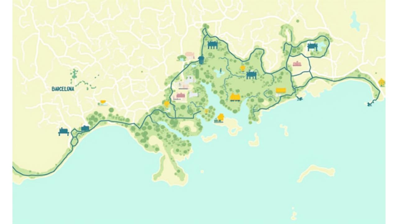Mapa estilizado de Barcelona destacando rutas de senderismo y parques populares para ejercicio, con iconos de personas activas.