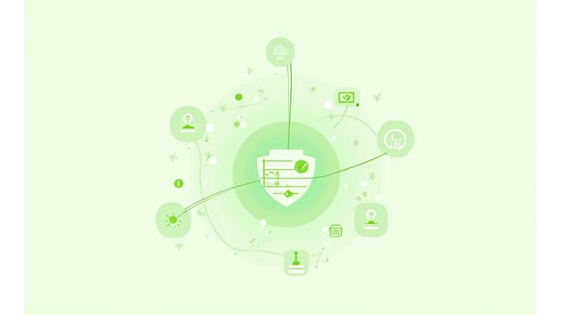 Ilustración abstracta de flujos de datos seguros con iconos de candado y elementos florales sutiles entrelazados, destacando la seguridad en la recolección de información.