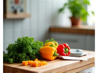 Cocina moderna con ingredientes frescos en tablas de cortar