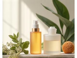 Envases de productos de cuidado de la piel con hojas y flores
