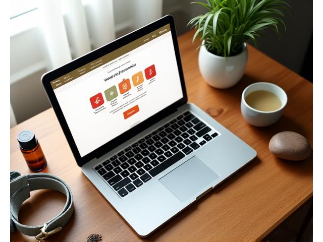 Mesa con varios productos de bienestar natural y un tablet mostrando un quiz
