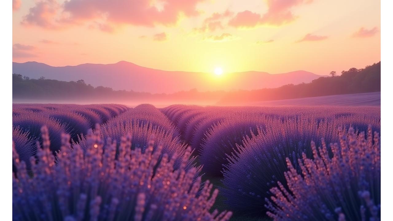 Un campo de lavanda tranquilo al amanecer, simbolizando calma y nuevos comienzos