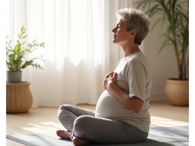 Persona meditando en casa con ambiente sereno, representando manejo del estrés.