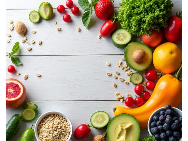 Variedad de alimentos frescos y saludables dispuestos artísticamente, representando nutrición consciente.