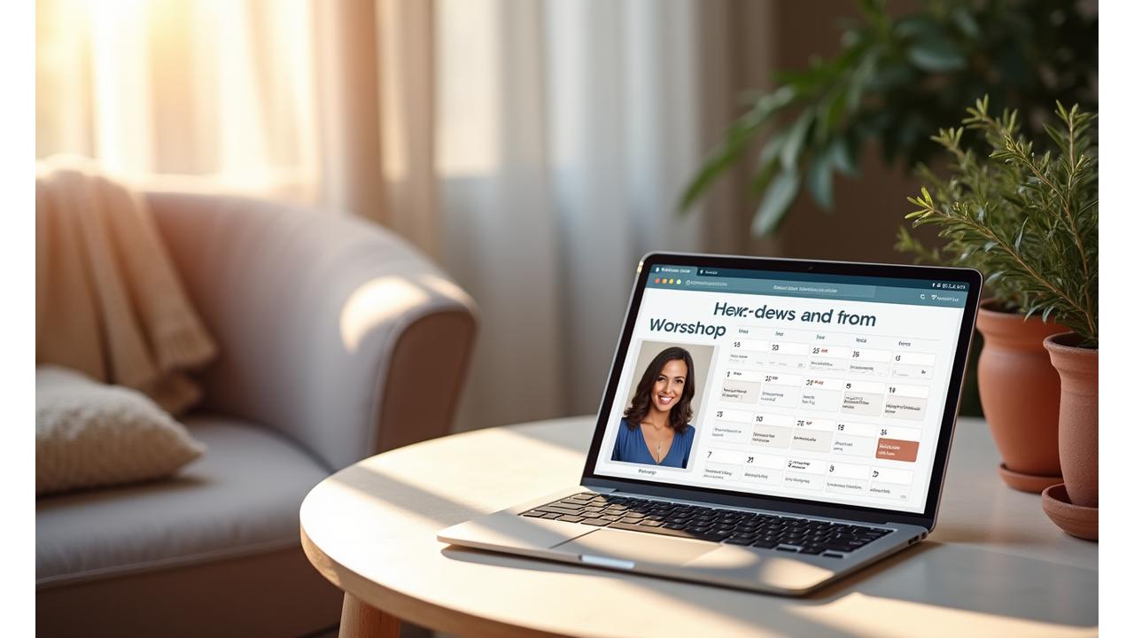 Calendario interactivo de talleres virtuales de bienestar, mostrando fechas disponibles y un taller destacado sobre mindfulness con una instructora sonriente.