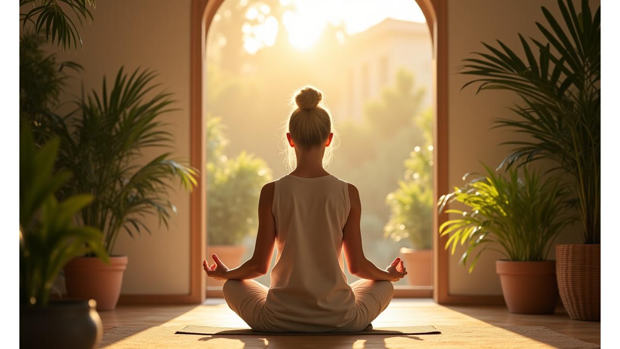 Una persona de mediana edad en un jardín sereno, meditando, simbolizando el bienestar a largo plazo y la resiliencia.