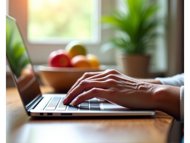 Manos de una persona mayor tecleando suavemente en un teclado moderno, con una planta pequeña y un tazón de frutas frescas cerca, sugiriendo un ambiente de bienestar y uso responsable de la tecnología. La luz es suave y cálida.