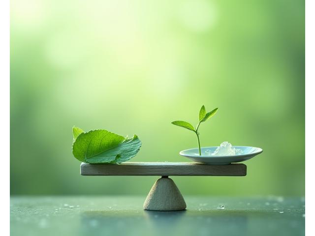 Una balanza estilizada con elementos de naturaleza y bienestar, como una hoja y una gota de agua, suspendida sobre un fondo suave y etéreo. Simboliza equilibrio, precaución y la deliberación en asuntos de salud y responsabilidad legal. Tonos suaves de verde, azul y beige.