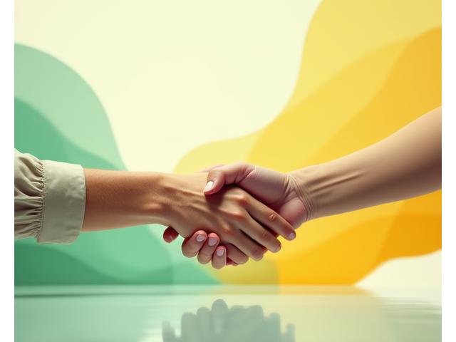 Dos manos entrelazadas o un apretón de manos sutil sobre una superficie limpia, rodeadas de formas abstractas que sugieren comunicación y resolución. El ambiente es pacífico y profesional, con tonos suaves que evocan confianza y acuerdo.